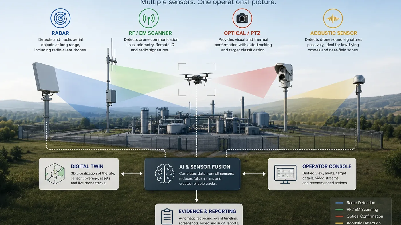 Counter-UAS sensor fusion architecture combining radar, RF, optical PTZ and acoustic drone detection layers into one operator console