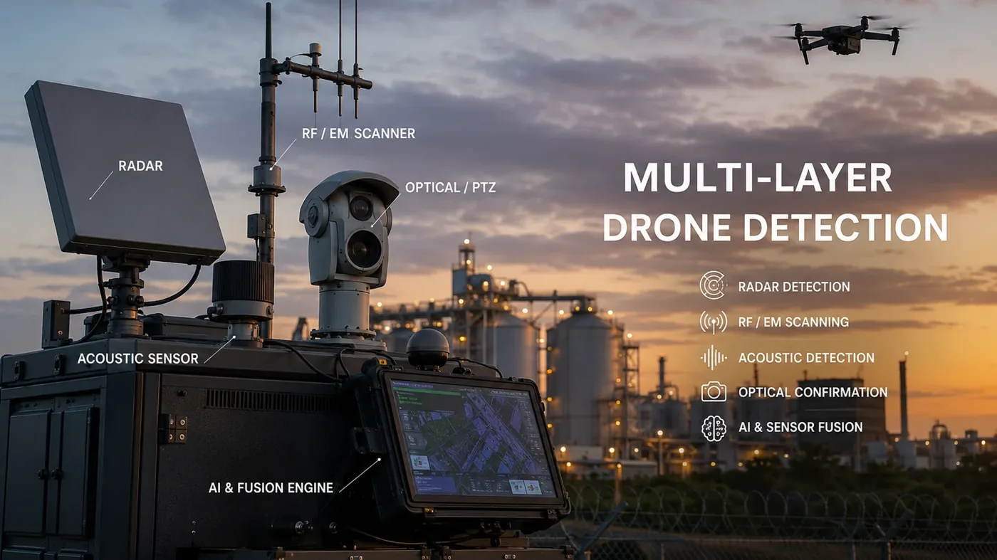 Comparison of radar, RF scanner, optical PTZ camera and acoustic sensors for drone detection around protected facilities