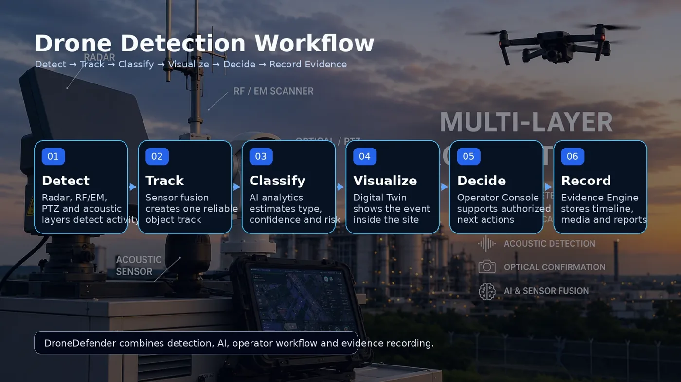 Drone detection workflow from detect, track and classify to visualize, decide and record evidence