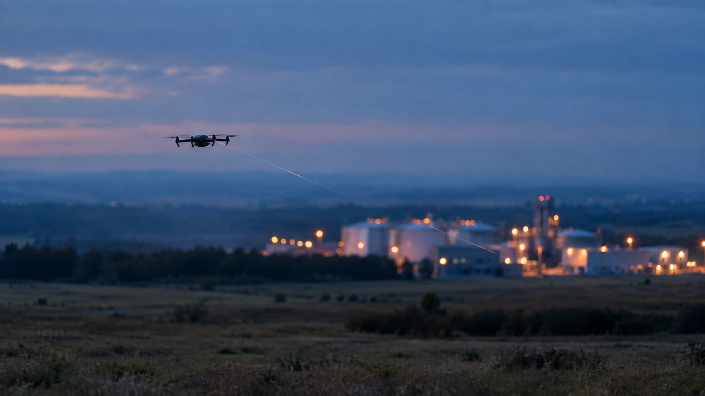 A small quadcopter drone in flight at dusk over open ground, trailing a hair-thin optical fiber, with a lit industrial site on the horizon