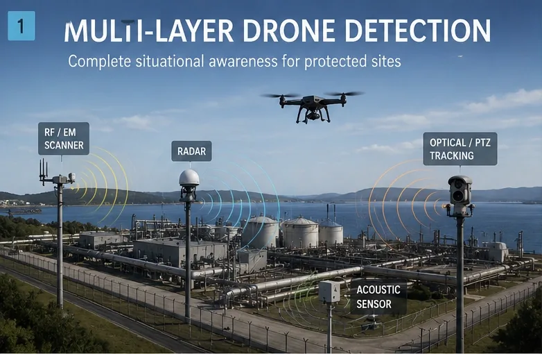 Multi-layer drone detection: radar, RF/EM, optical and acoustic layers