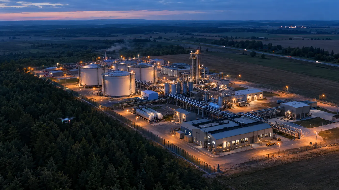 Aerial view of a large industrial facility at dusk: storage tanks, pipe racks, perimeter fence and service roads under lamp light