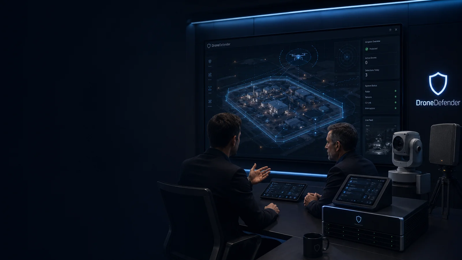 DroneDefender counter-UAS briefing and console