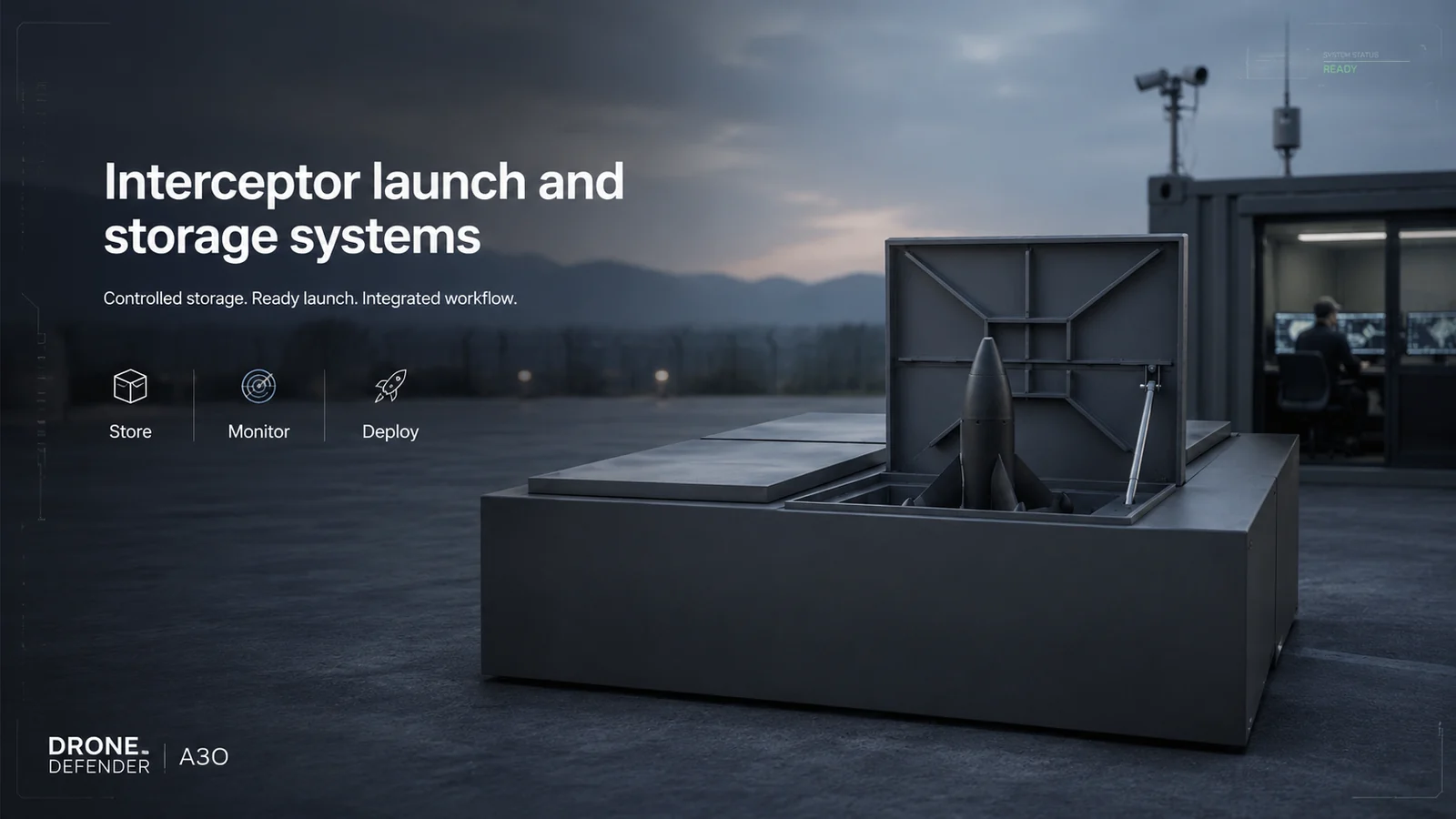 DroneDefender interceptor launch and storage systems