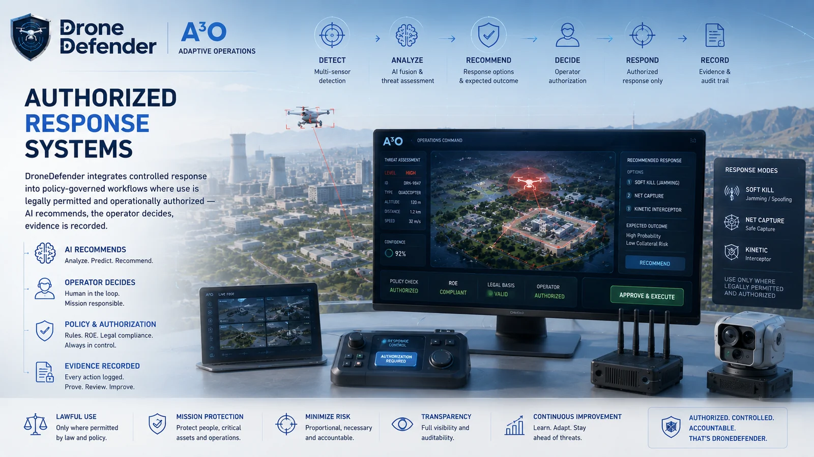 DroneDefender authorized, policy-governed counter-UAS response systems